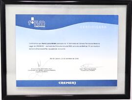 Certificado de participação do V Seminário da Câmara Técnica de Medicina Legal do CREMERJ