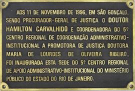 Placa de inauguração da sede do  5° CRAAI - Rio de Janeiro