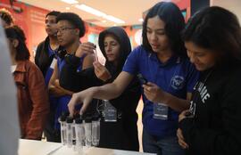 Fotografia dos estudantes do CE Missionário Mário Way enquanto observam os insetos em tubos de en...